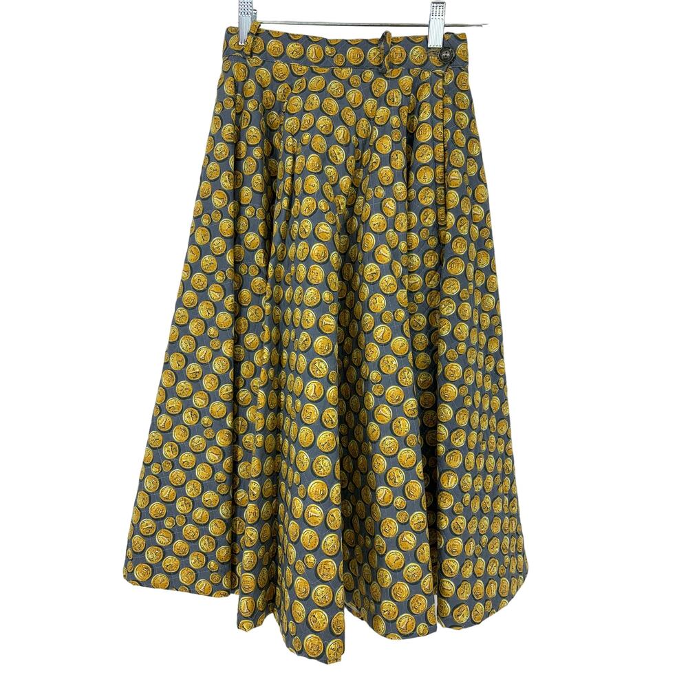 Vintage 50s Women's XXS/XS Quilted Coin Print Novelty A-Line Skirt Yellow Gray